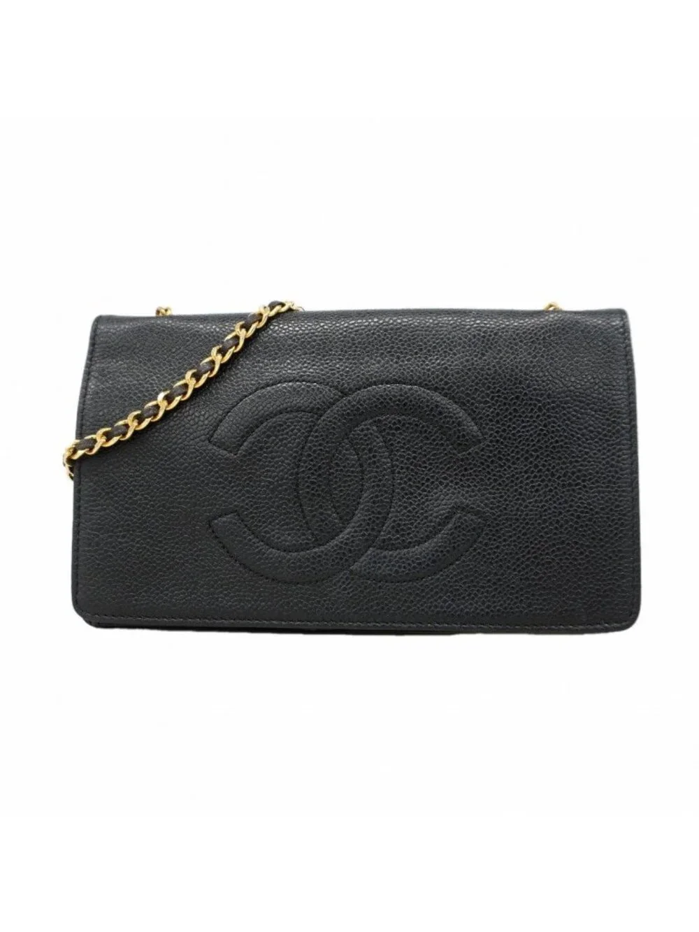 Chanel Shoulder Wallet Caviar Leather Black Gold